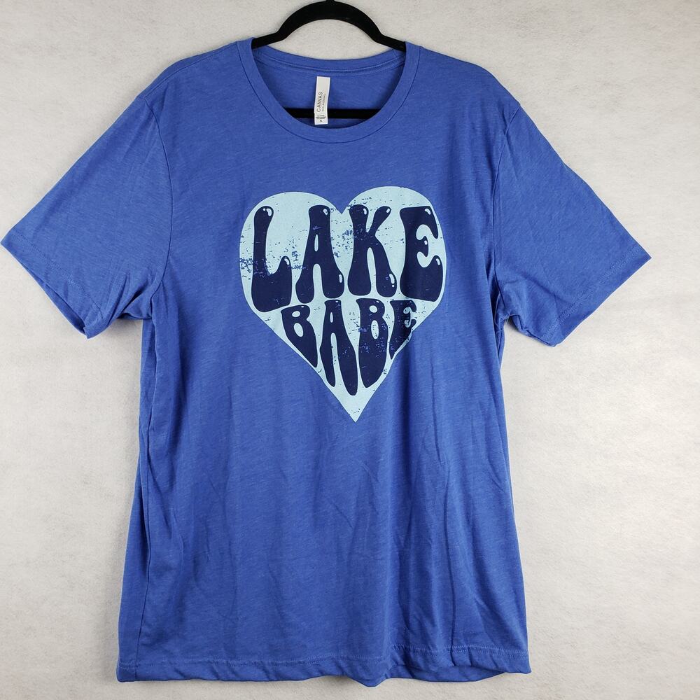 Women's XL Lake Babe Heart Graphic Tee Shirt Blue Distressed Bubble Print Lounge